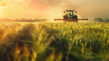 Fototapeta premium A tractor is driving through a field of wheat. The sky is orange and the sun is setting