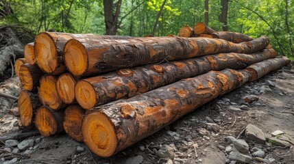 Log spruce trunks pile. Sawn trees from the forest
