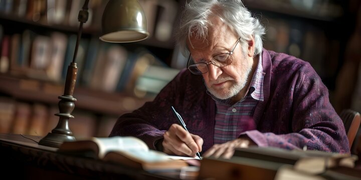 A man in his 60s writing at a desk under a lamp. Concept Writing, Desk, Lamp, Man, 60s