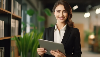 A woman in a business suit holding a tablet