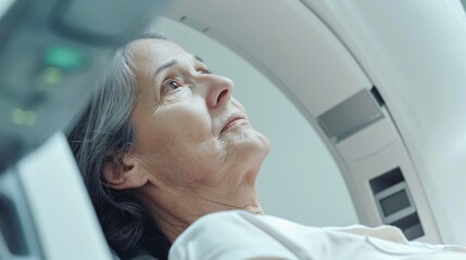 Woman receiving bone density scan for osteoporosis using C Bone Densitometer Machine.