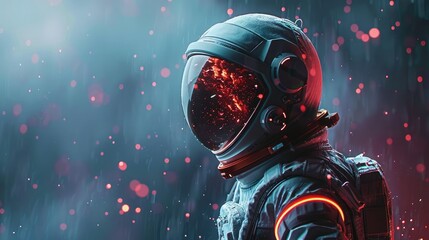A lone astronaut stands against a backdrop of glowing particles, gazing into the unknown.  The image evokes a sense of wonder and exploration.