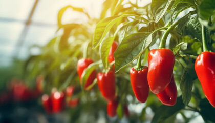 A bunch of red peppers hanging from a plant - Powered by Adobe