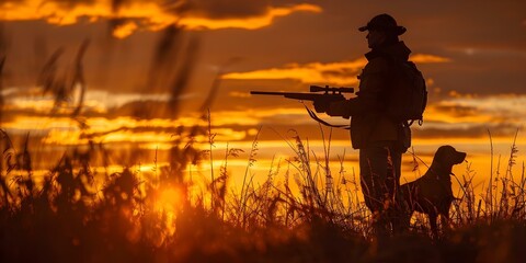 Silhouette of hunter with rifle and dog in hunting scene. Concept Hunting Scene, Silhouette, Hunter, Rifle, Dog