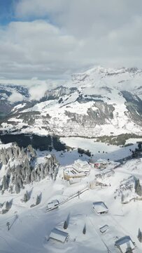 Aerial video over a ski resort in Engelberg Switzerland