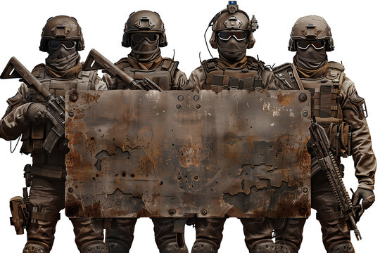 abstract illustration of rust metal soldiers in camouflage with weapon hold banner