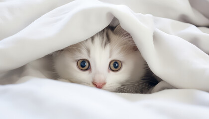 A white kitten is hiding under a blanket