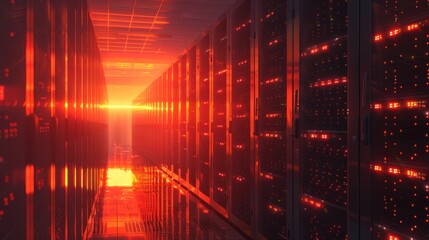  The dawn of the digital age is depicted with servers bathing in the glow 