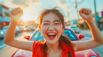Exuberant woman celebrating new car ownership