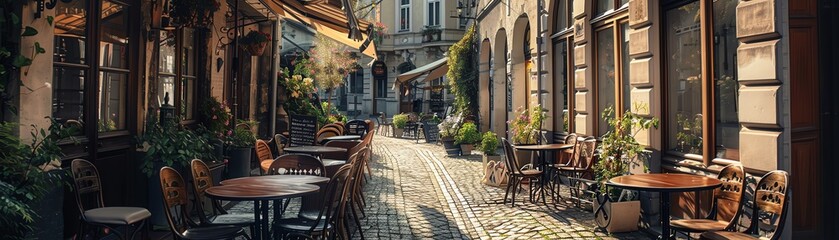Sophisticated European street cafe with charming architecture, cultural theme, elegant, Blend mode, urban romance backdrop