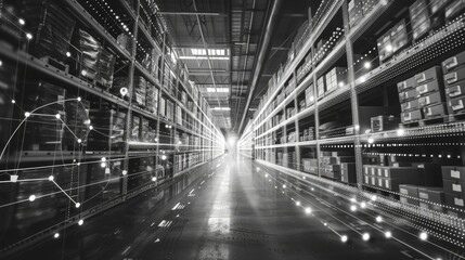 efficient online market with AIpowered inventory management front view representing smart supply chain Scifi tone black and white