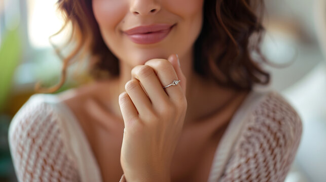 A close-up of a beautiful woman wearing a ring hand