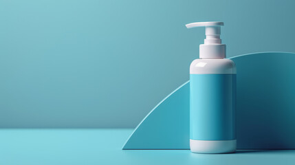 A blue bottle of lotion sits on a blue background