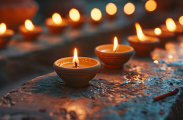 illustation of Diwali festival of lights tradition Diya oil lamps against dark background
A traditional Indian art of decorating the entrance to a house. Diwali festival holiday design. 
