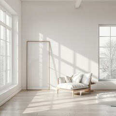 Fototapeta premium Minimalist living room with white walls, a single white armchair, and large windows providing ample sunlight