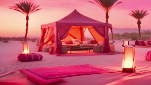 In a luxury resort, a tent in the desert with lamps at sunset