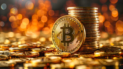 Shimmering stack of bitcoins against bokeh lights