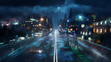Fototapeta premium Rain in the city at night illustration.