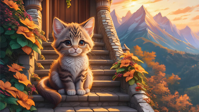 Fototapeta Mały kot, kotek siedzi na schodach przed wejściem do domu