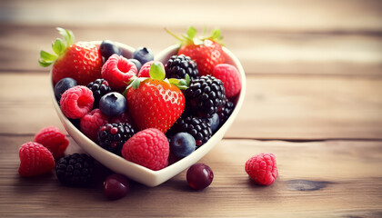 A heart shaped bowl of strawberries and blueberries on a wooden table - Powered by Adobe