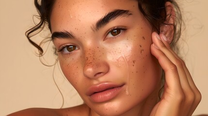 Naklejka premium Close-up portrait of a woman with natural makeup and glowing skin. Realistic style. Ideal for skincare and beauty advertising. AI