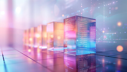 Futuristic digital landscape with glowing, transparent data servers and a cybernetic, high-tech environment, symbolizing advanced technology and innovation.