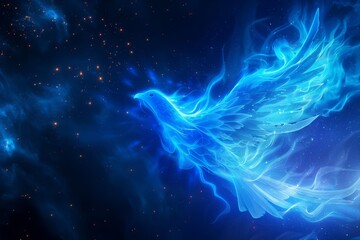 Flying, light bird from blue flame with stars on black background. Phoenix