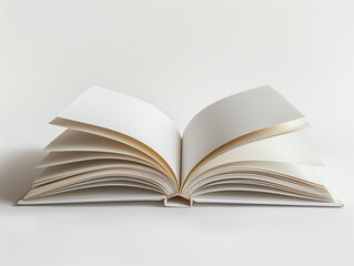 Fototapeta premium Open blank book with white pages spread out, isolated on a clean white background. Perfect for design and publication mockups.