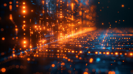 Obraz premium Semiconductor and circuit board with data flowing.