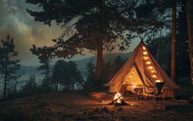 Minimalist tent setup with a campfire and stargazing, rustic camping theme, serene, Double exposure, forested campsite backdrop