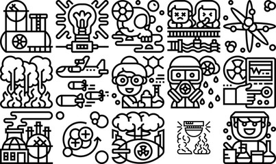 Set Of Nuclear Line Icons Web Header Banner Design Containing Mask,Hazmat,Dangerous,Nuclear,Gas Set Vector Flat Line Icons