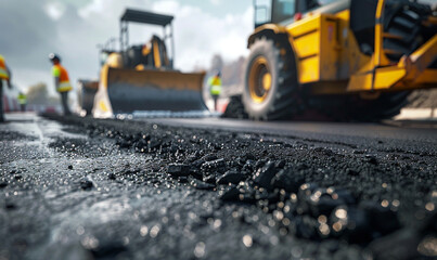 Road Construction Teamwork, Asphalt Laying Work At Road Construction Sites Hot Asphalt Gravel Being Leveled And Road Surface Repairs By Heavy Road Construction Machineries And Workers, Generative AI. 