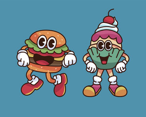 Hamburger and Cupcake in Retro Character Style