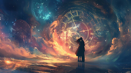 A love moment of a man and a woman embracing each other in the context of space-time