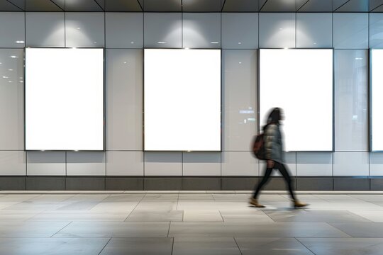 A woman walks past three blank white posters. The posters are in a hallway with a tiled floor