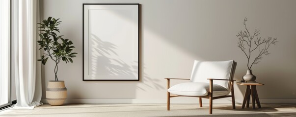 A white chair sits in front of a large white framed picture. The room is sparsely decorated with a potted plant and a vase. The mood of the room is calm and peaceful