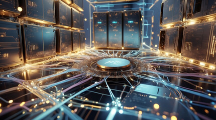 A vast network of interconnected servers glowing with processing power of the global information age