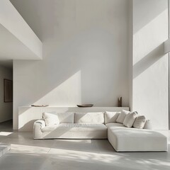 Minimalist living room with white walls, a sleek white sofa, and natural light flooding the space