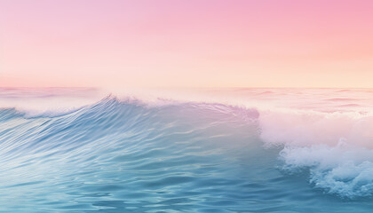 A wave crashing on a beach with a pink and blue sky in the background