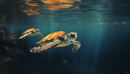 Two baby turtles swimming in the ocean