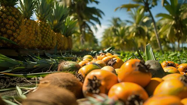 Sunrid papayas coconuts and pineapples waiting to be blended together to create a tropical fruit wine explosion.
