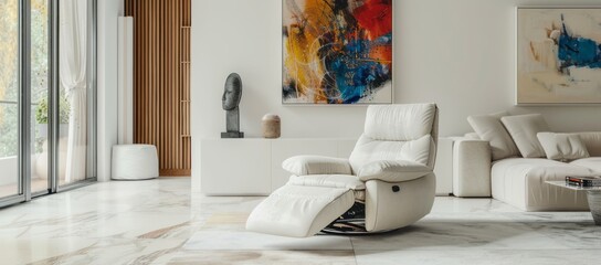 Minimalist living room with white walls, a sleek white recliner, and abstract art on the walls