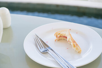 Partially eaten sandwich with jam on a plate near a pool