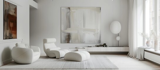 Sleek white recliner and glass coffee table in a minimalist living room with white walls