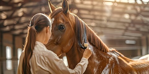 A woman brushes her horses mane in the barn. Concept Animals, Equestrian, Bonding, Rural Life, Caretaking