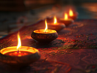 illustation of Diwali festival of lights tradition Diya oil lamps against dark background
A traditional Indian art of decorating the entrance to a house. Diwali festival holiday design. 
