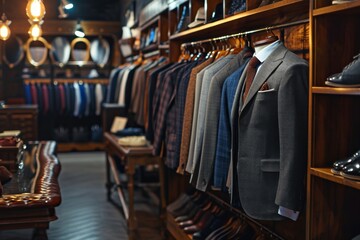 Fototapeta premium Business men's suit store indoor view, Men's suits on a hanger in a store window, AI-generated