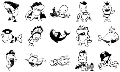 Mega Set Of Vector Funny Animals Aquatic Isolated Silhouette Solid Icons With Whale,Crocodile,Clown-Fish,Octopus,Shark Solid Icon Collection. Vector Illustration