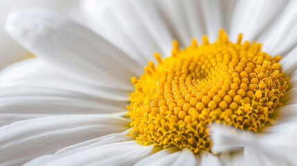 Obraz premium A close-up of a daisy's yellow center and white petals, emphasizing the contrast and simplicity.