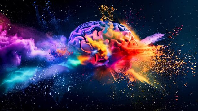 A colorful human brain with exploding color dust against a dark background. Brilliant ideas concept.
